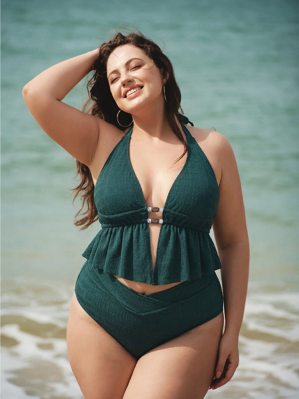 Dark Green Textured Halter Plus Size Tankini Top