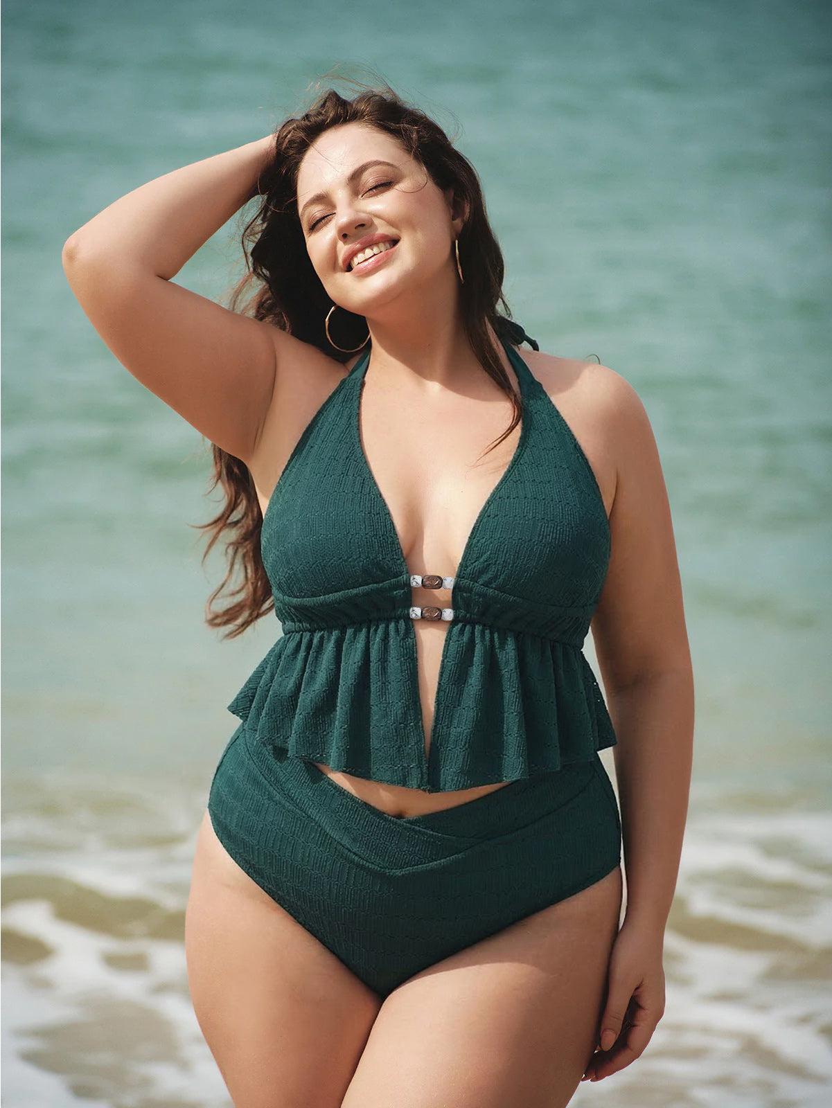 Dark Green Textured Halter Plus Size Tankini Top