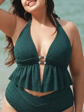 Dark Green Textured Halter Plus Size Tankini Top