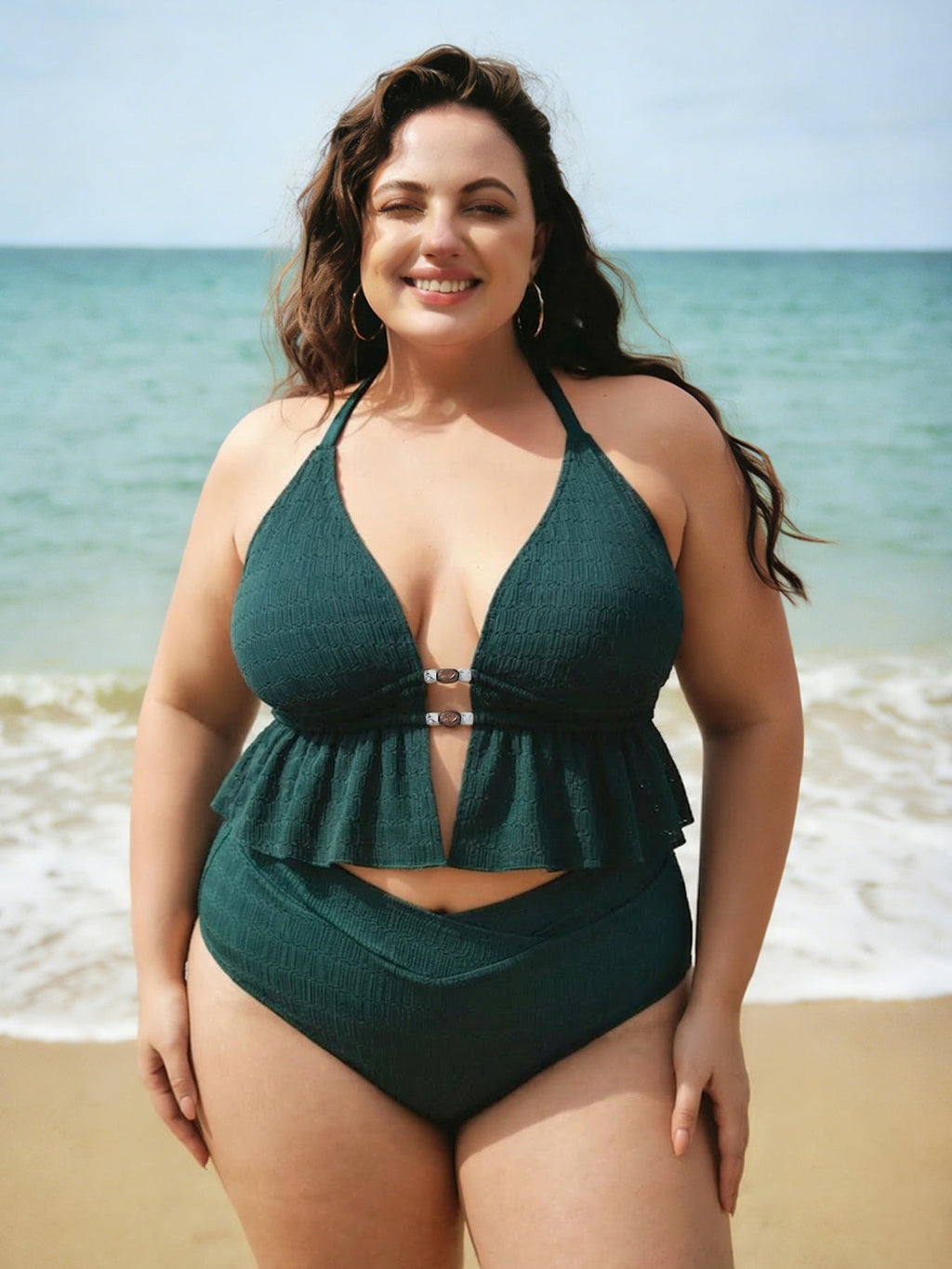 Dark Green Textured Halter Plus Size Tankini Top