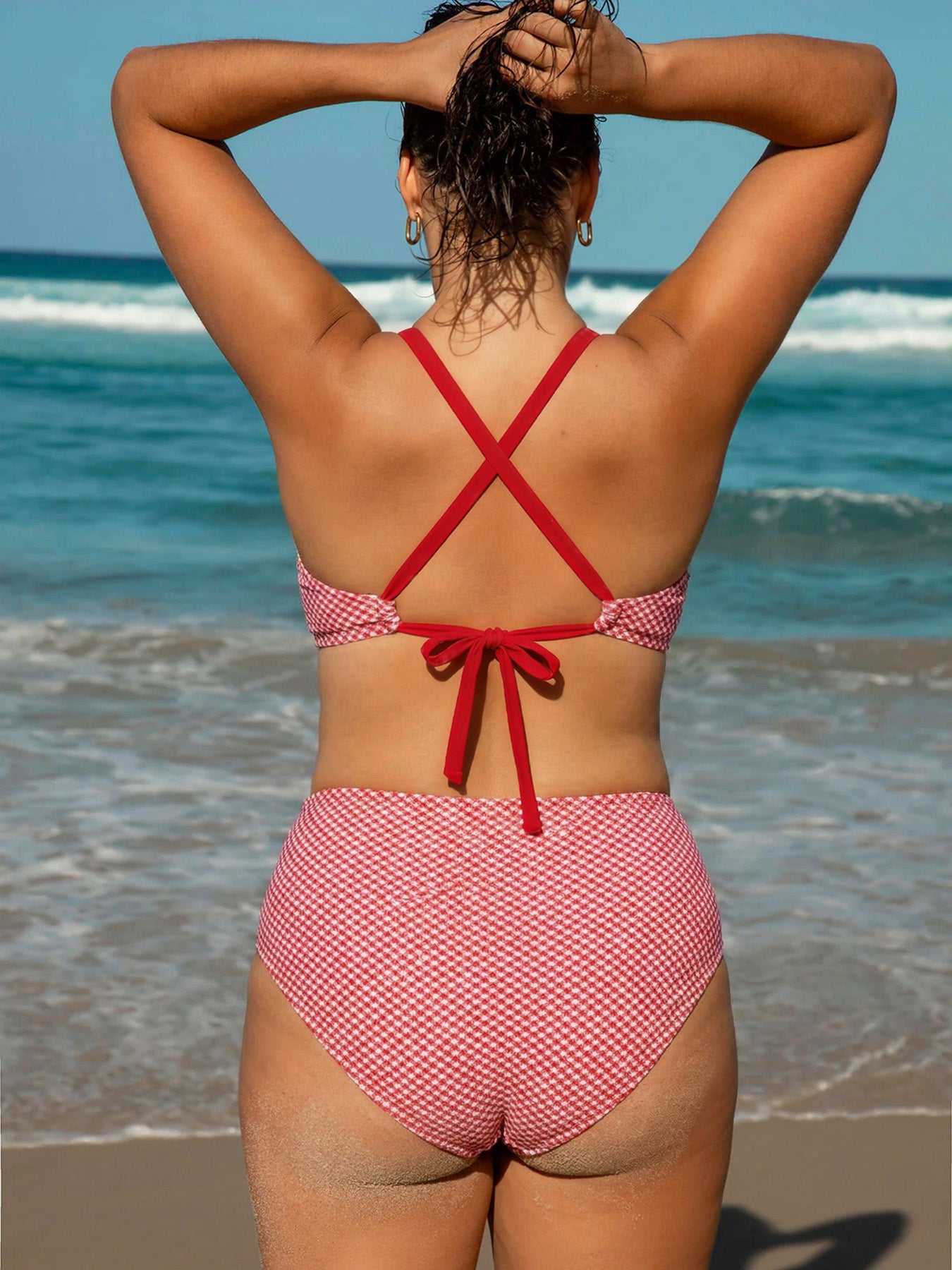 Red Gingham Knot Plus Size Bikini Top