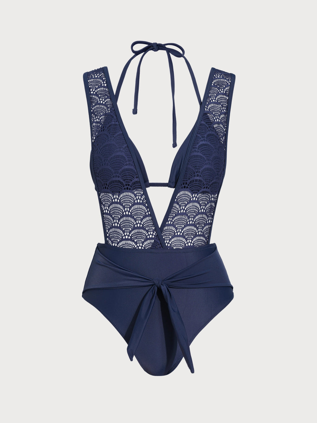 Navy Lace Plunge Tie-Waist One-Piece Swimsuit