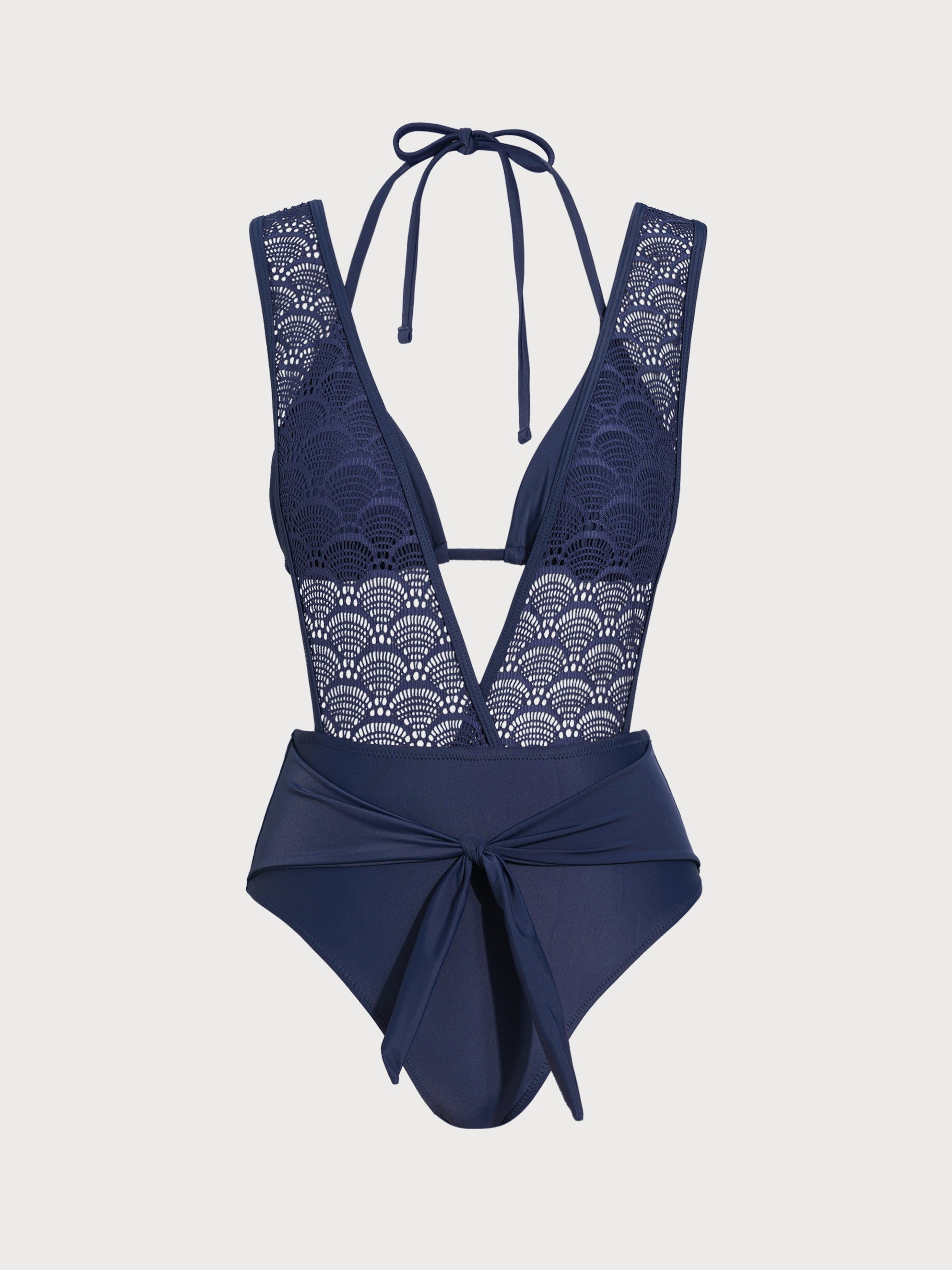 Navy Lace Plunge Tie-Waist One-Piece Swimsuit