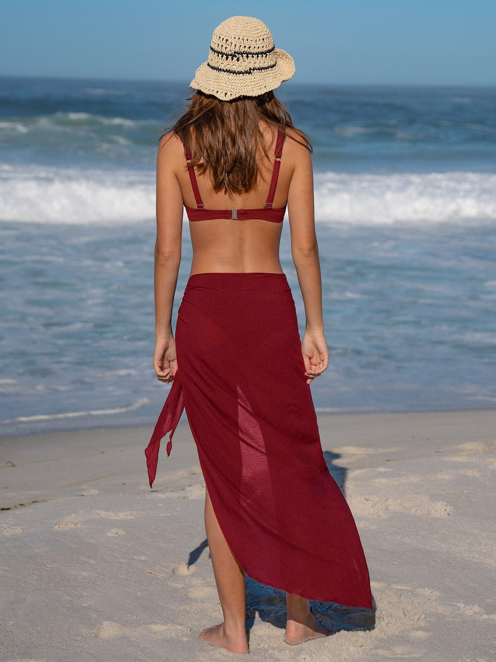 Wine Red Wrap Cover-Up Midi Skirt