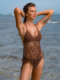 Coffee Crochet Halter Fringe Cover-Up