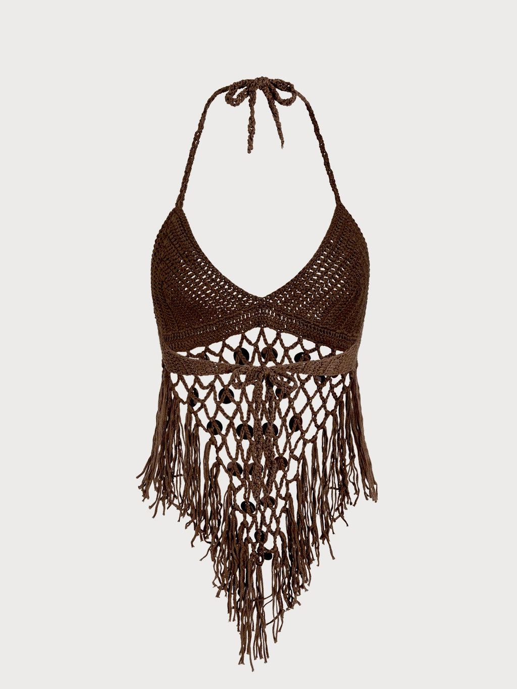 Coffee Crochet Halter Fringe Cover-Up