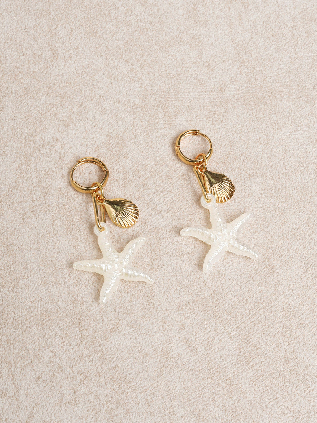 Plated Starfish & Seashell Drop Hoop Earrings