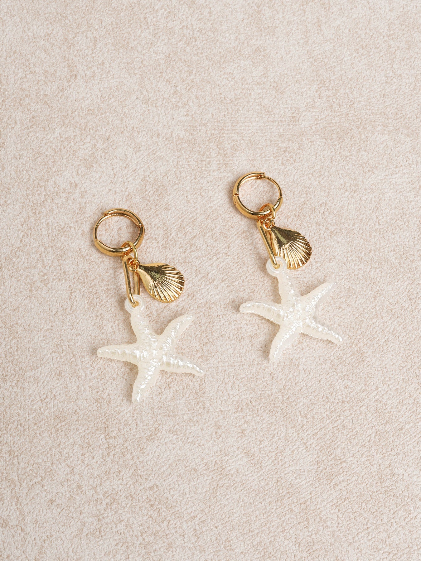 Plated Starfish & Seashell Drop Hoop Earrings
