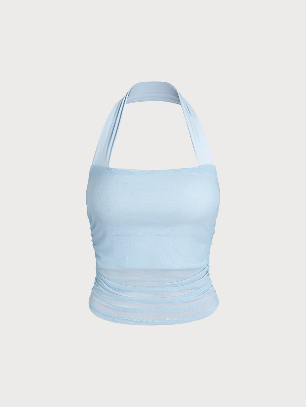 Light Blue Halter Neck Ruched Mesh Sports Bra