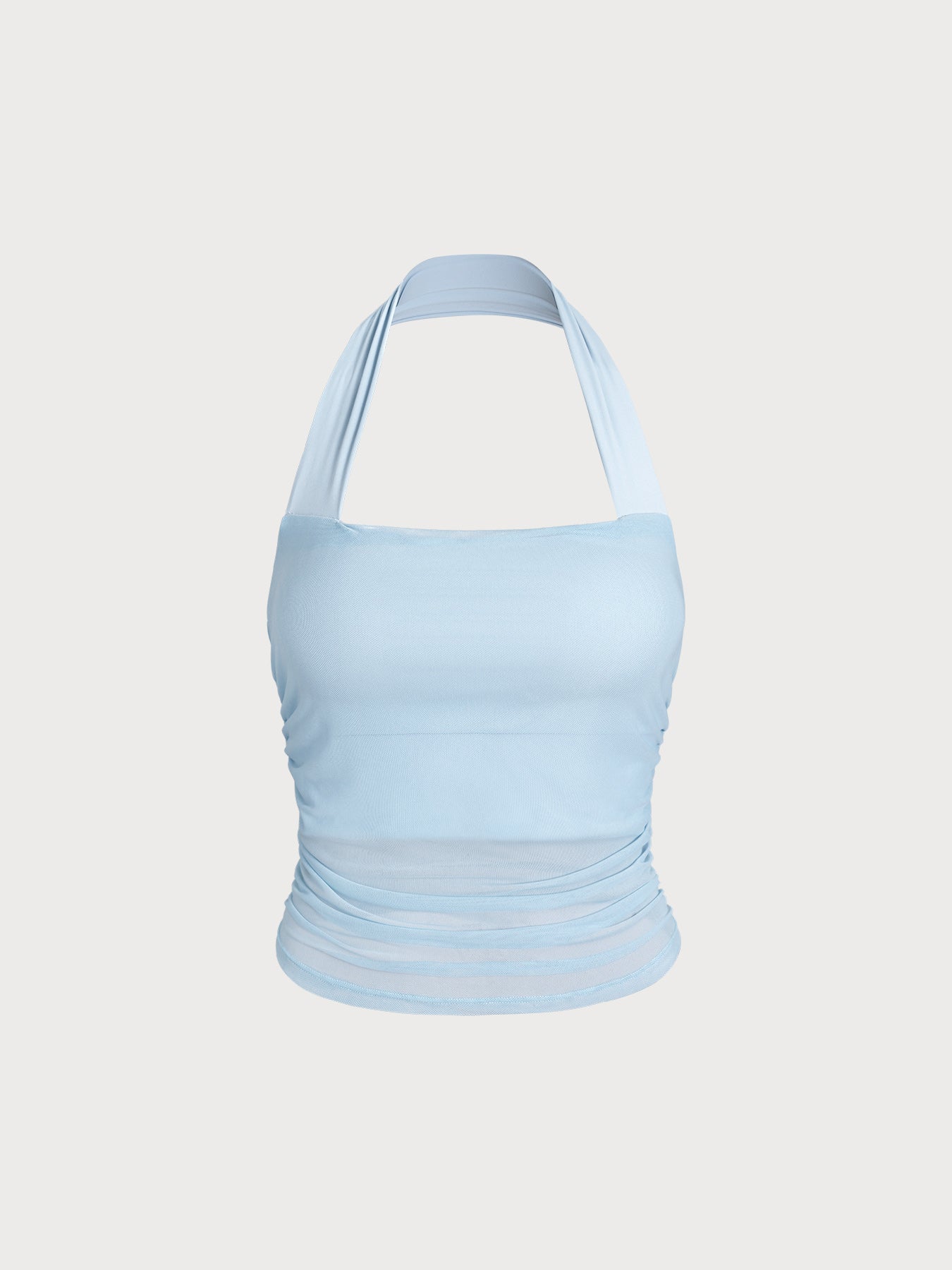 Light Blue Halter Neck Ruched Mesh Sports Bra