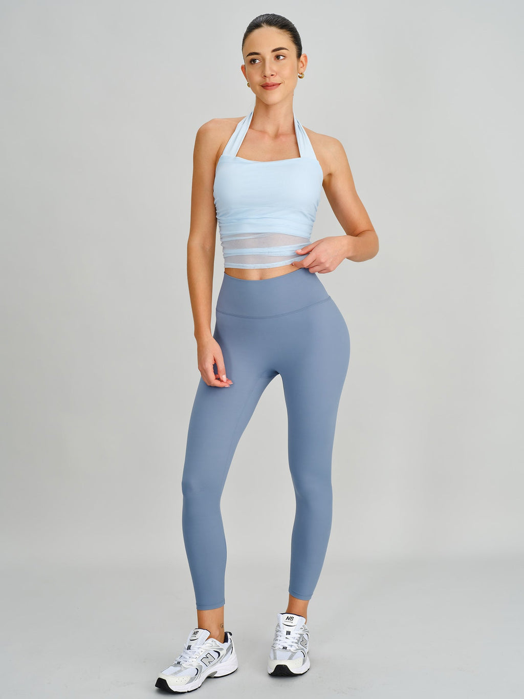 Light Blue Halter Neck Ruched Mesh Sports Bra