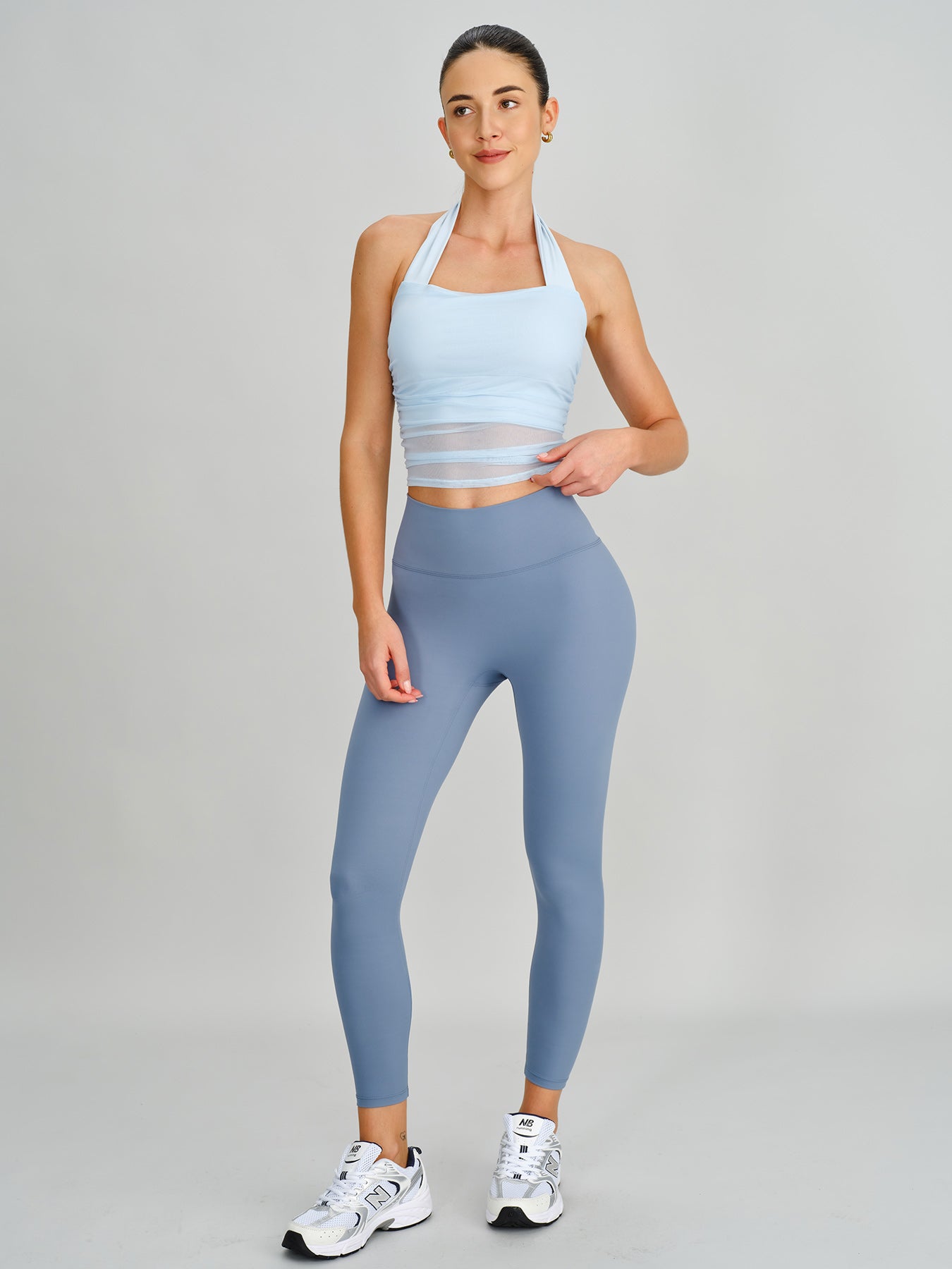 Light Blue Halter Neck Ruched Mesh Sports Bra