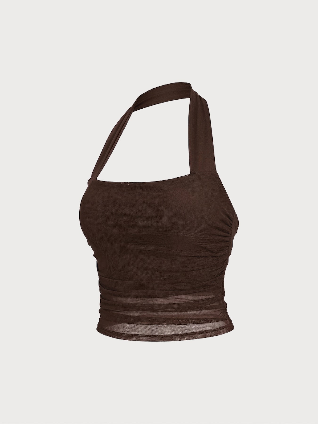 Coffee Halter Neck Ruched Mesh Crop Top