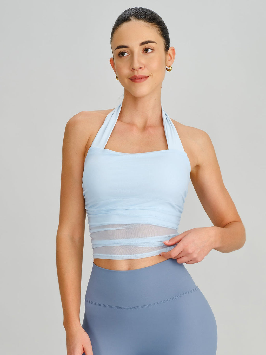 Light Blue Halter Neck Ruched Mesh Sports Bra