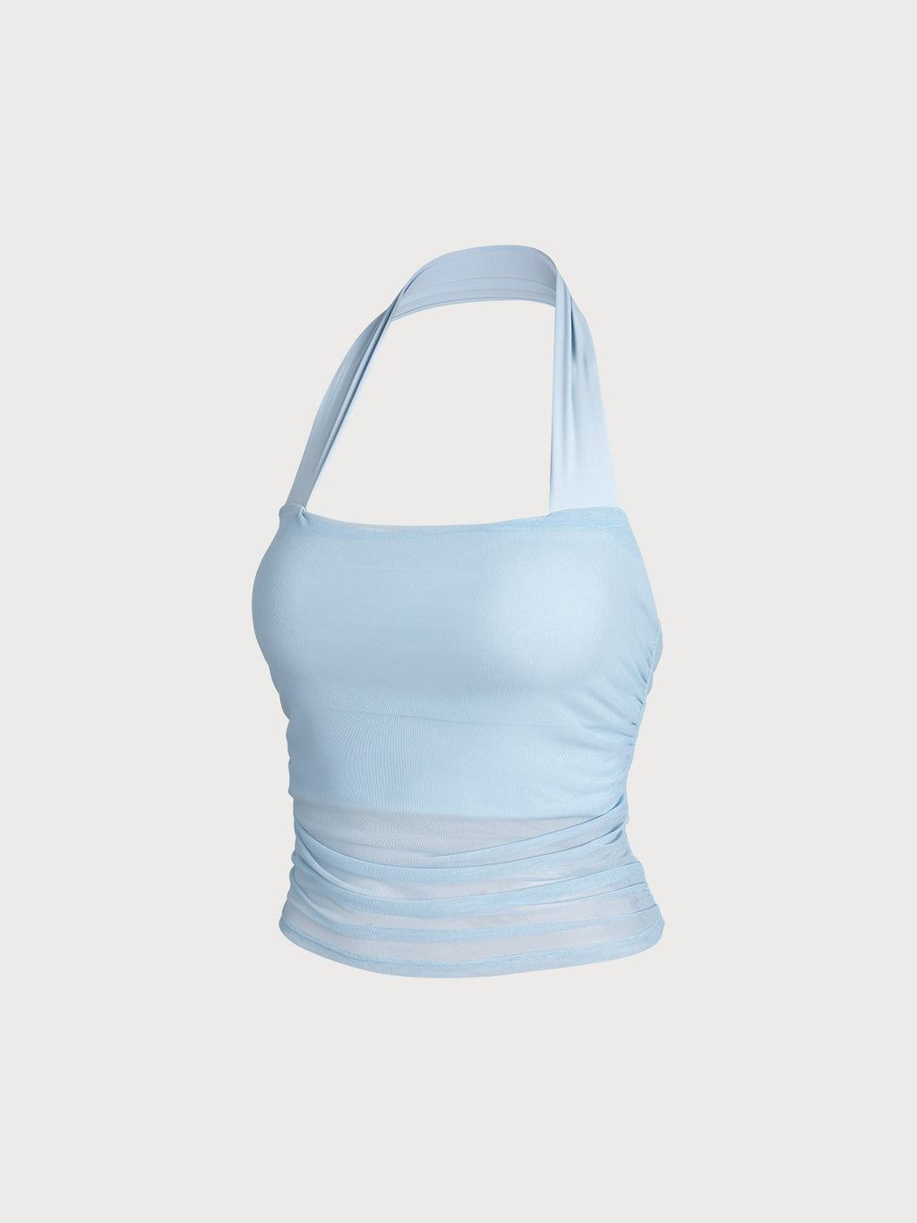 Light Blue Halter Neck Ruched Mesh Sports Bra