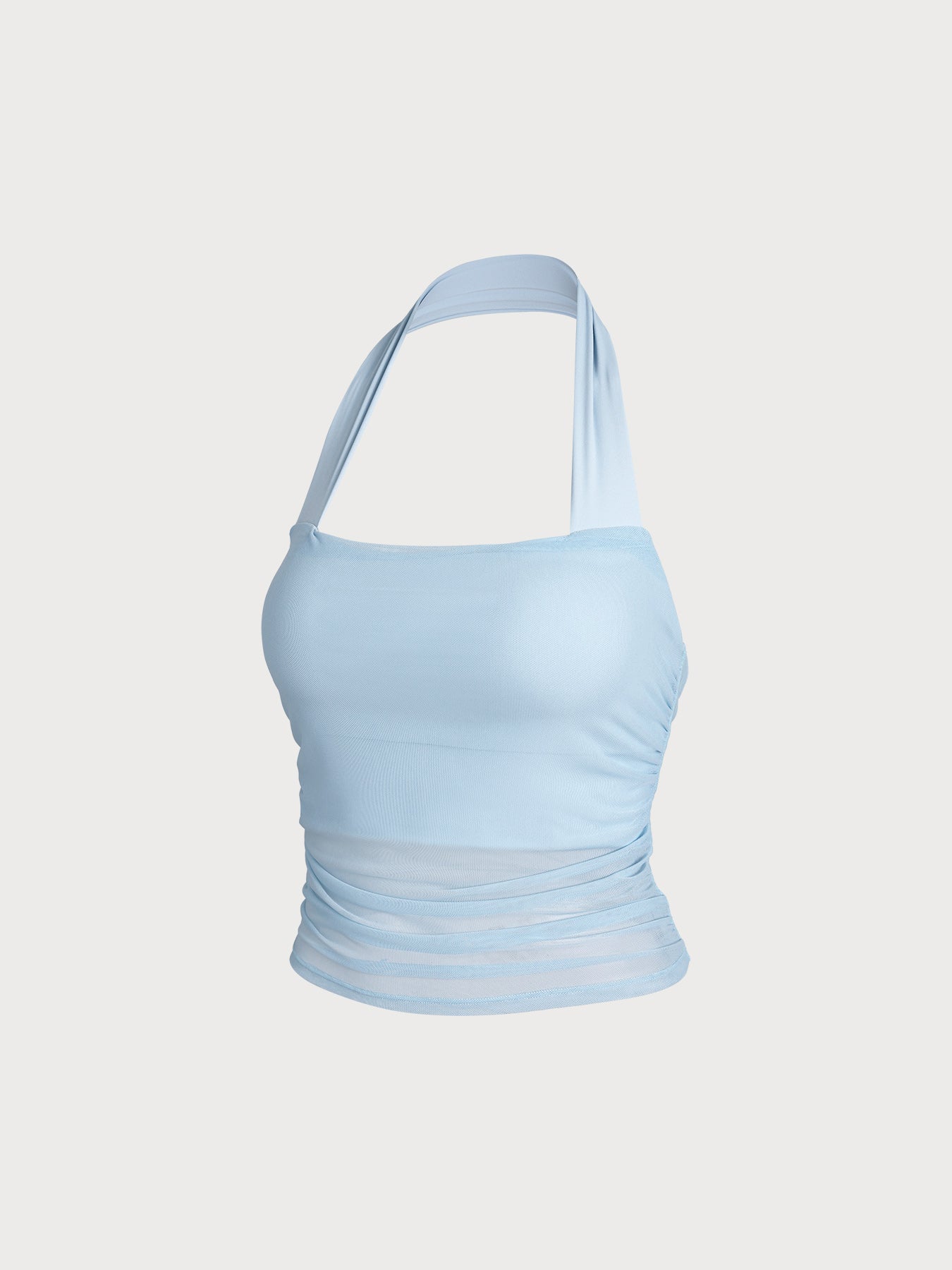 Light Blue Halter Neck Ruched Mesh Sports Bra