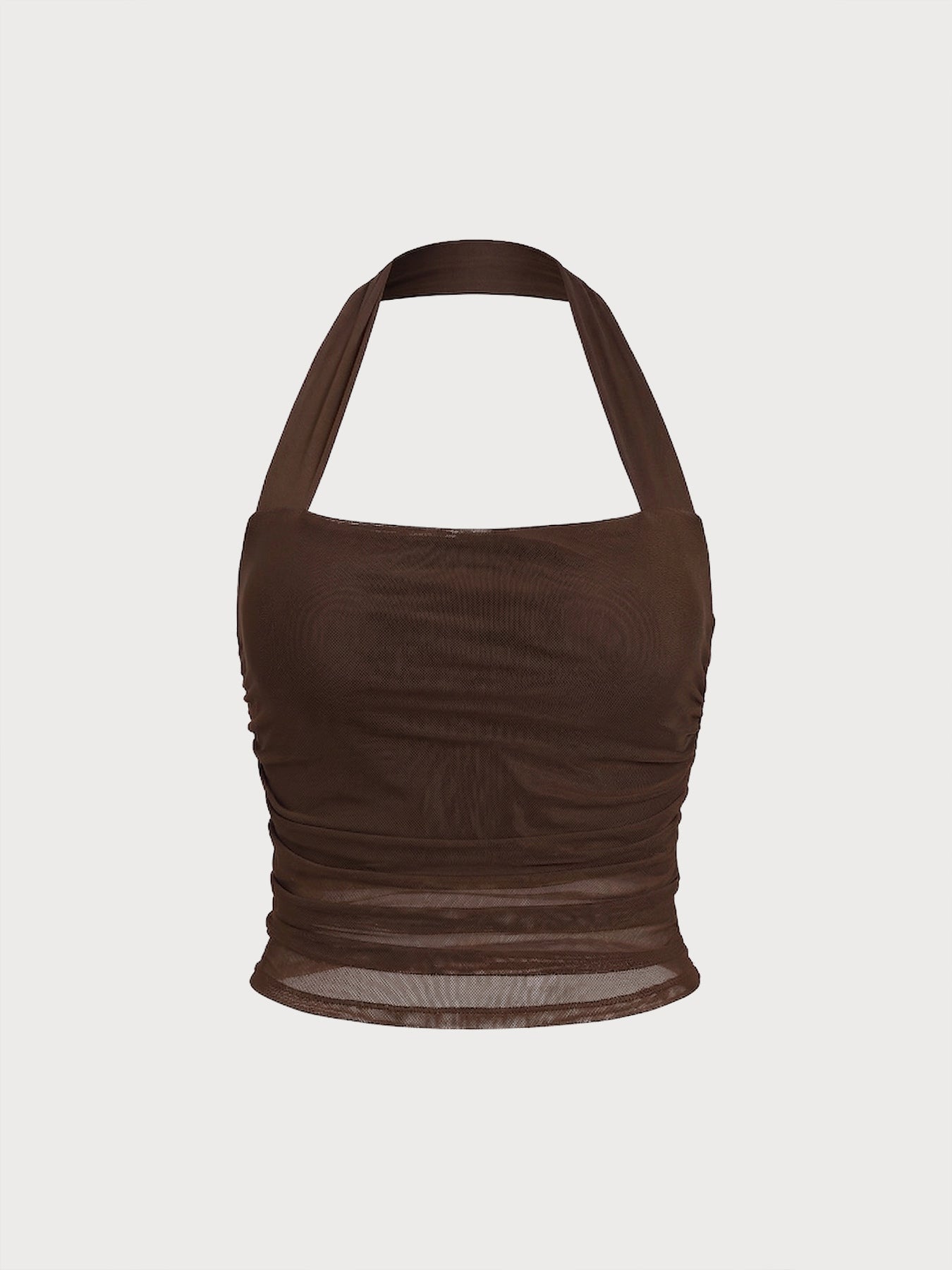 Coffee Halter Neck Ruched Mesh Crop Top