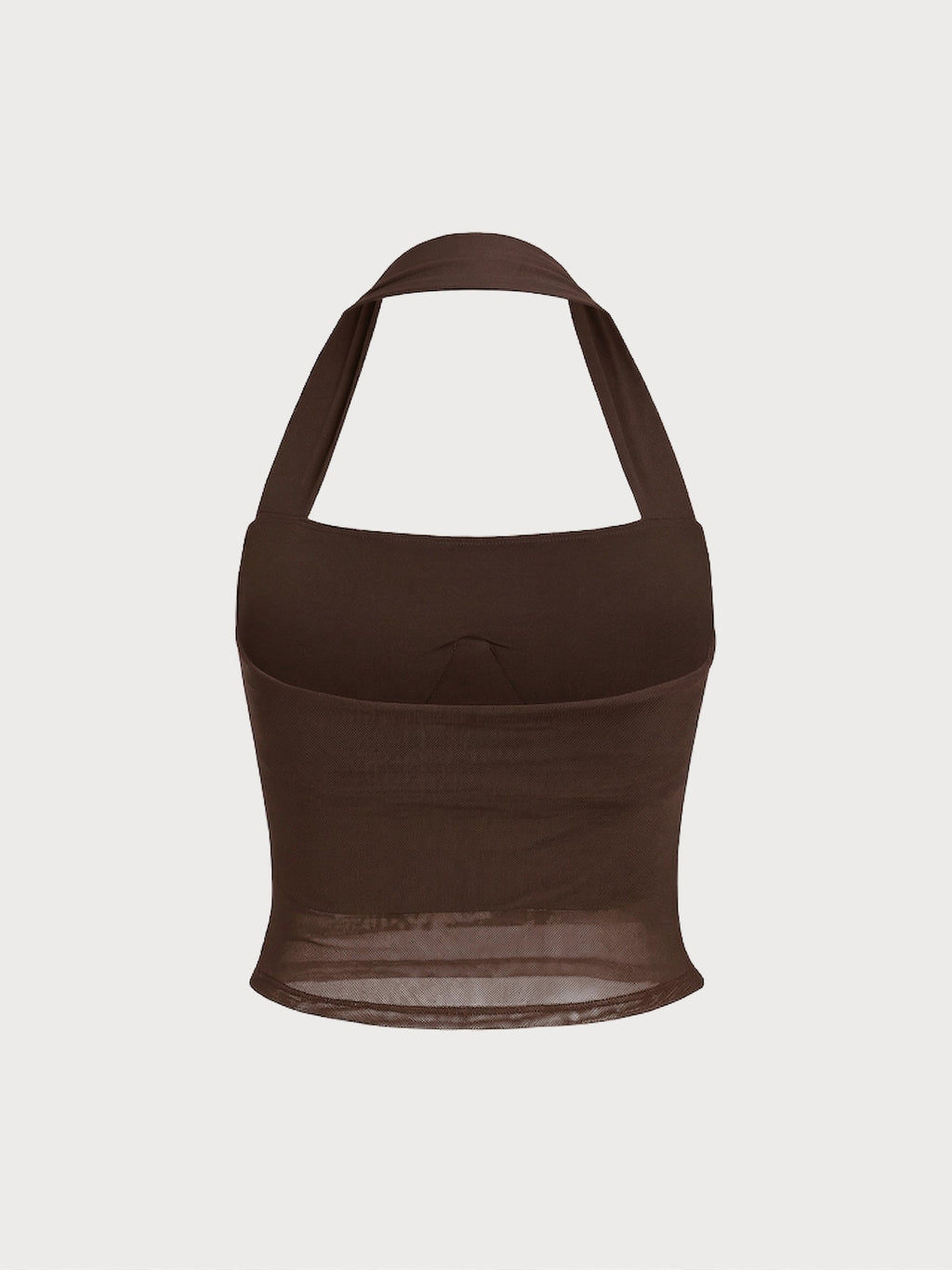 Coffee Halter Neck Ruched Mesh Crop Top