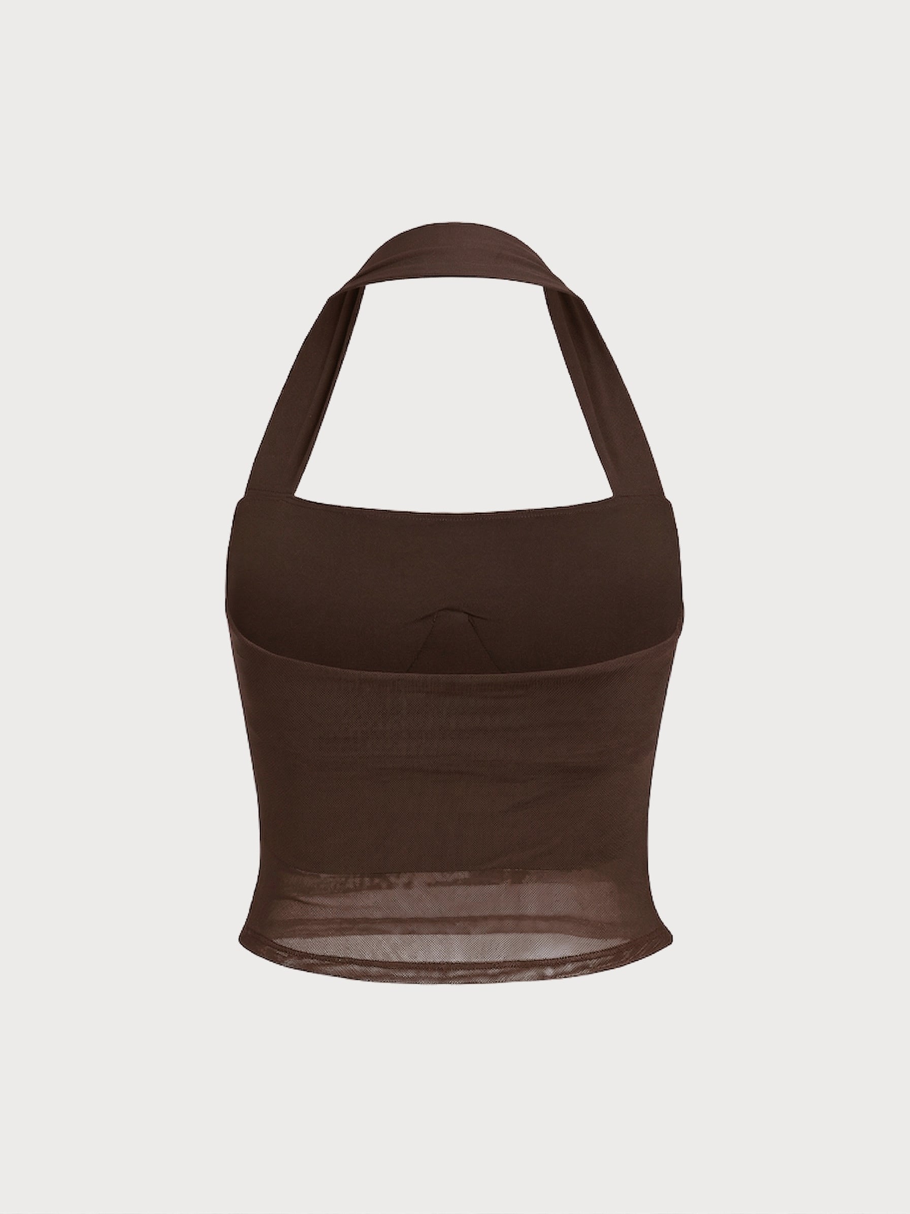 Coffee Halter Neck Ruched Mesh Crop Top