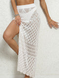 White Crochet Knitted Side-Slit Cover-Up Skirt
