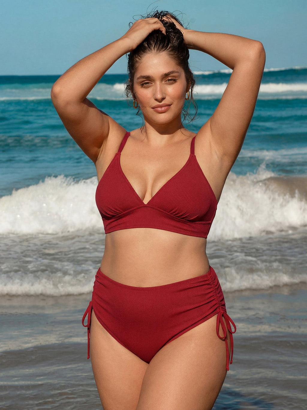 Wine Red Ribbed Cross Back Plus Size Bikini Top