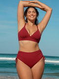 Wine Red Ribbed Cross Back Plus Size Bikini Top