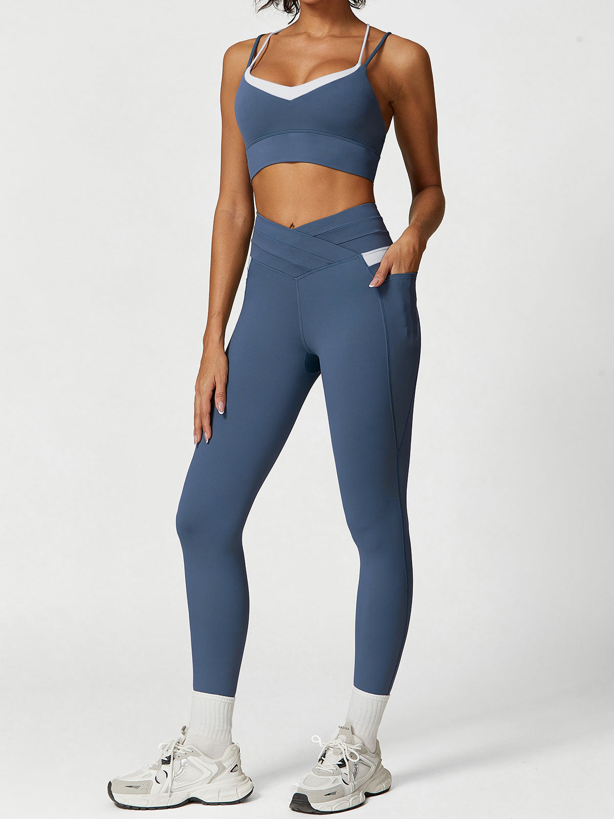 Blue High Waisted Pockets Leggings 26"