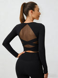 Black Cross Mesh Back Long Sleeve Top--Light Support