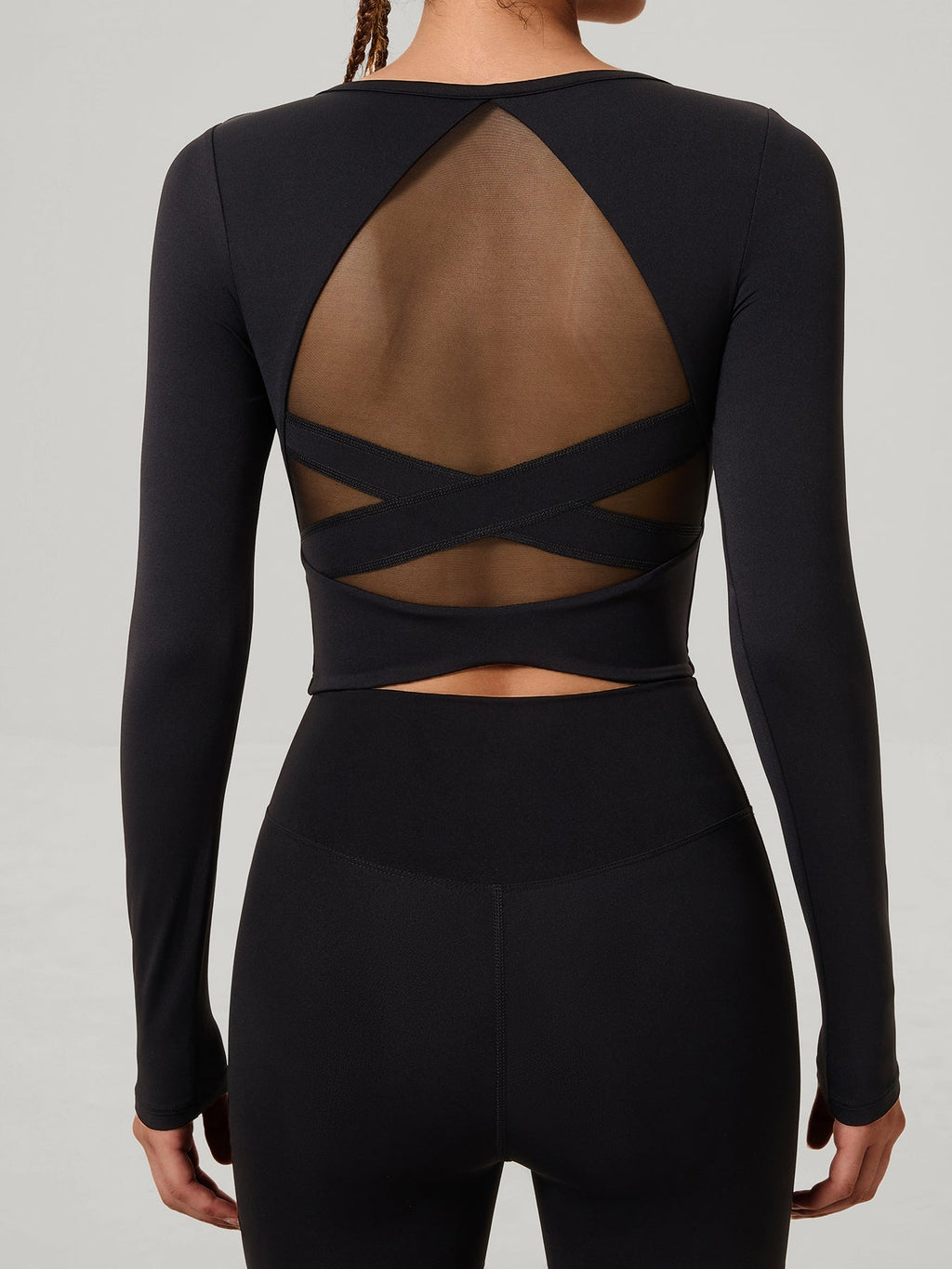 Black Cross Mesh Back Long Sleeve Top--Light Support