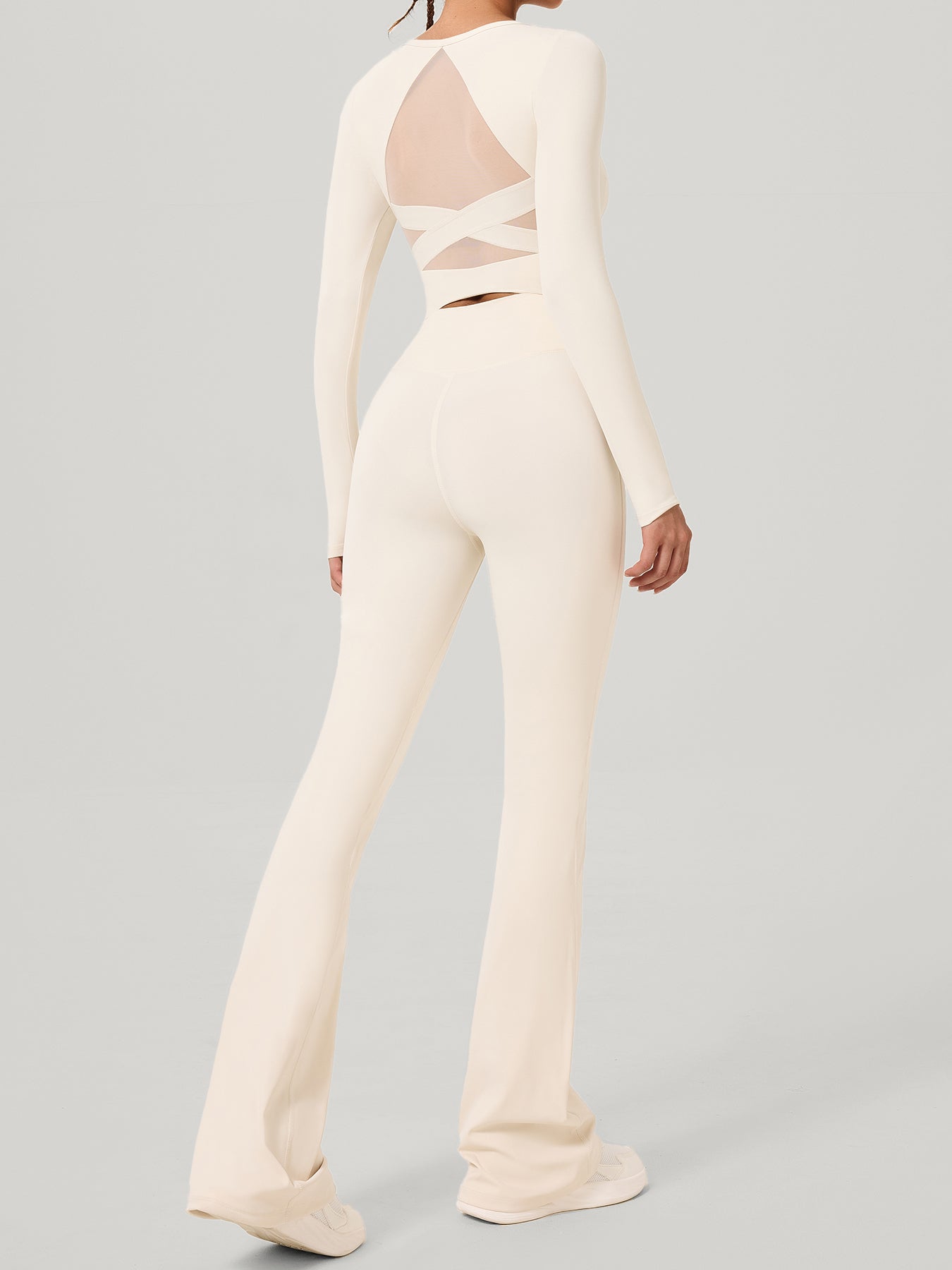 Cream Cross Mesh Back Long Sleeve Top--Light Support