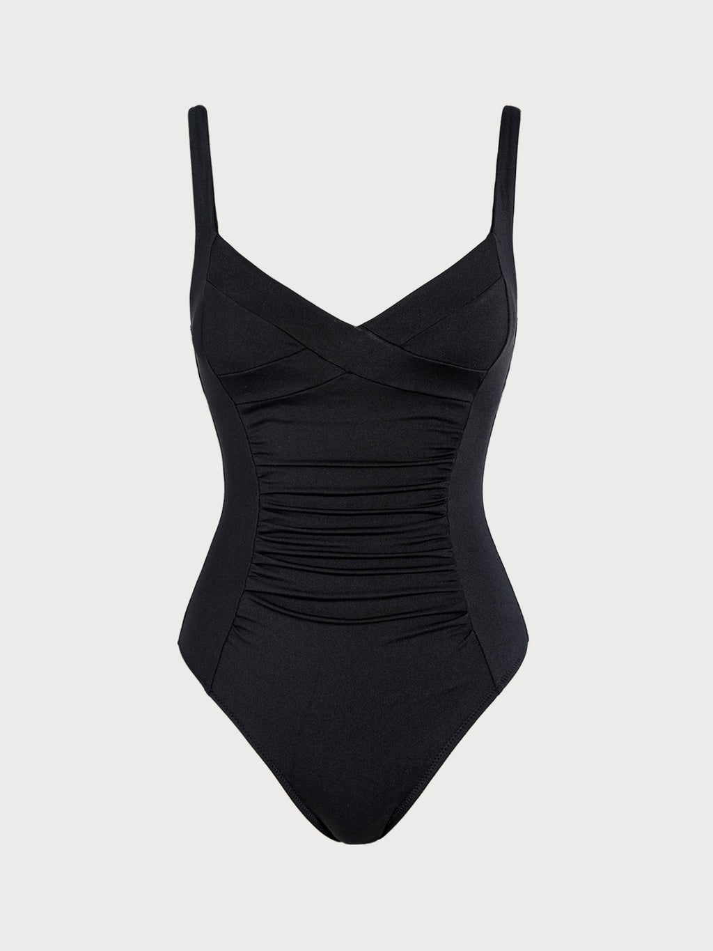 Black V-Neck Ruched Tummy Control One-Piece Swimsuit
