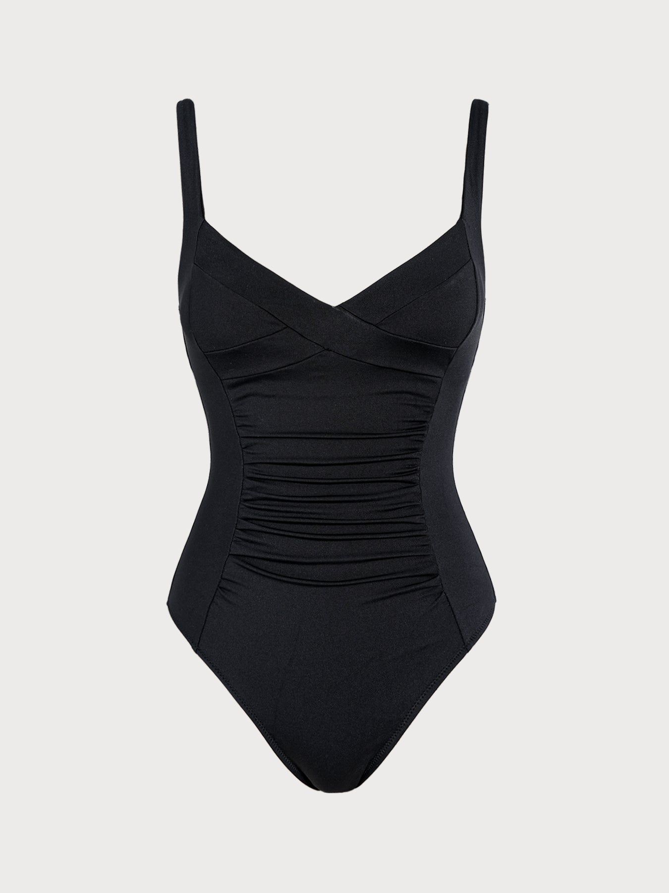 Black V-Neck Ruched Tummy Control One-Piece Swimsuit