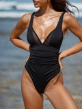 Black Mesh V-Neck Tummy Control One-Piece Swimsuit