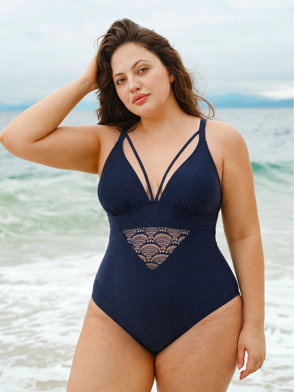 Navy Lace Strappy V-Neck Plus Size One-Piece
