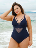 Navy Lace Strappy V-Neck Plus Size One-Piece