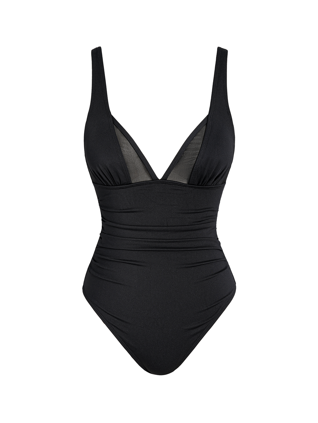 Black Mesh V-Neck Tummy Control One-Piece Swimsuit