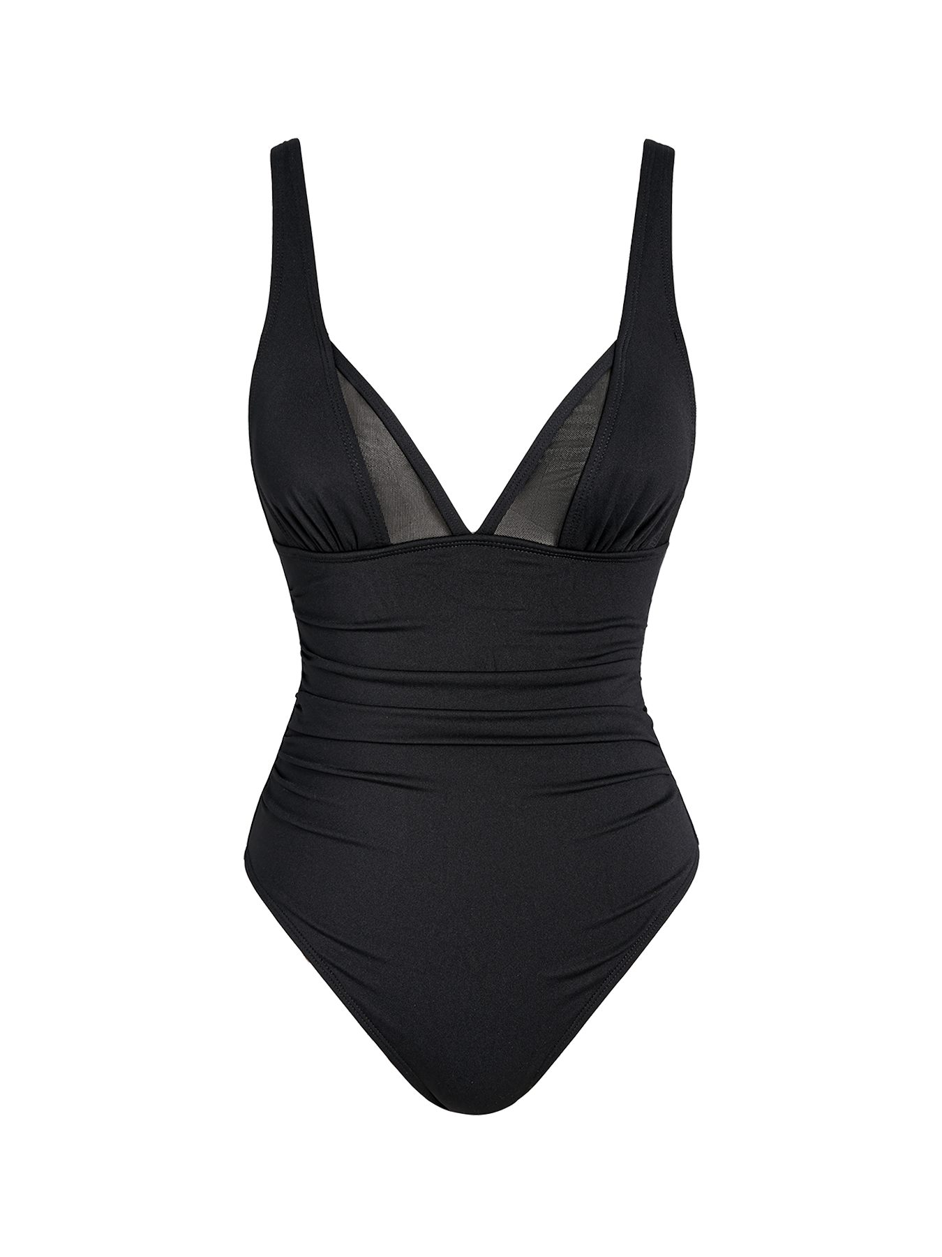 Black Mesh V-Neck Tummy Control One-Piece Swimsuit