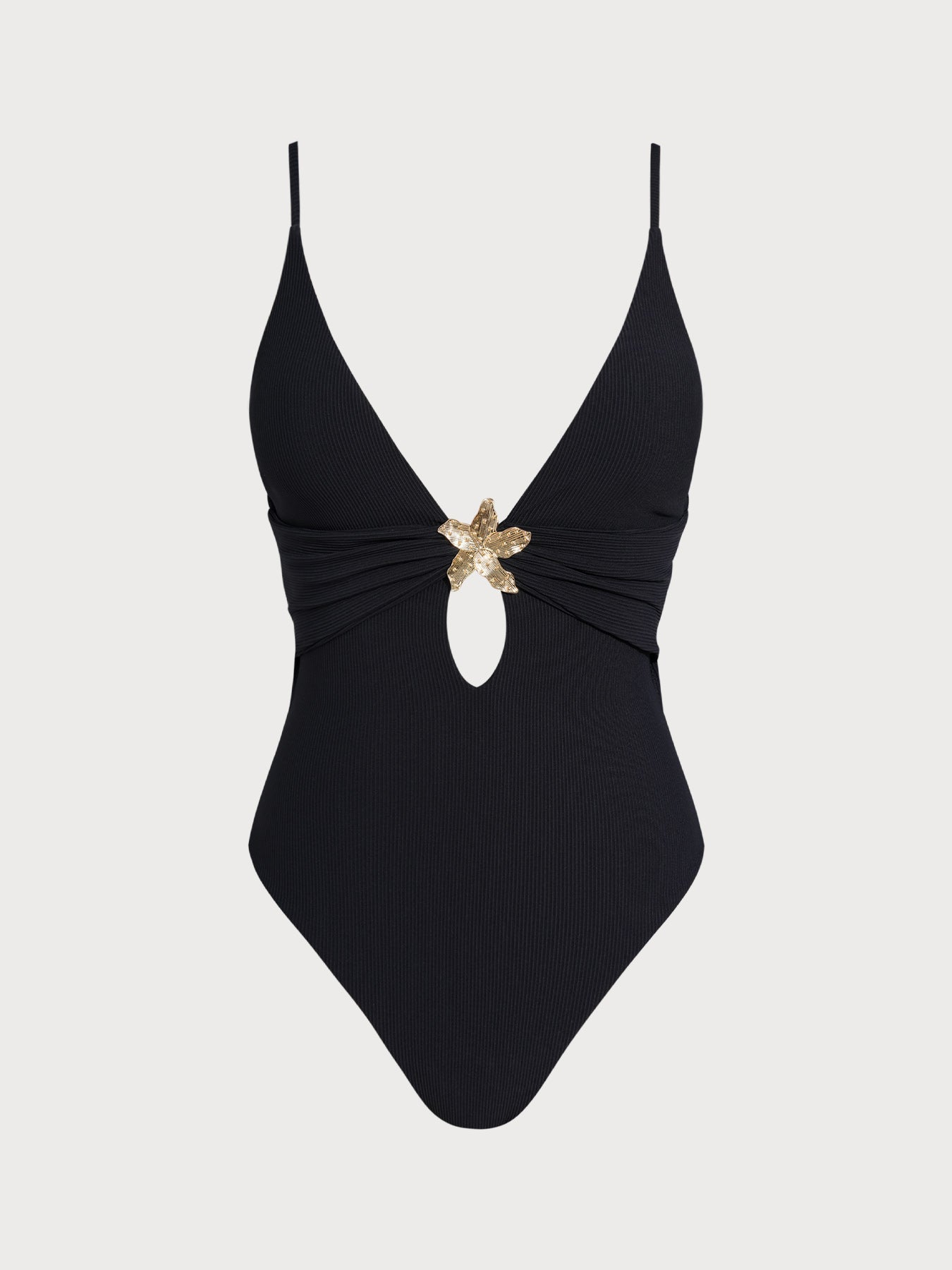 Black Ribbed Starfish Embellished One-Piece Swimsuit
