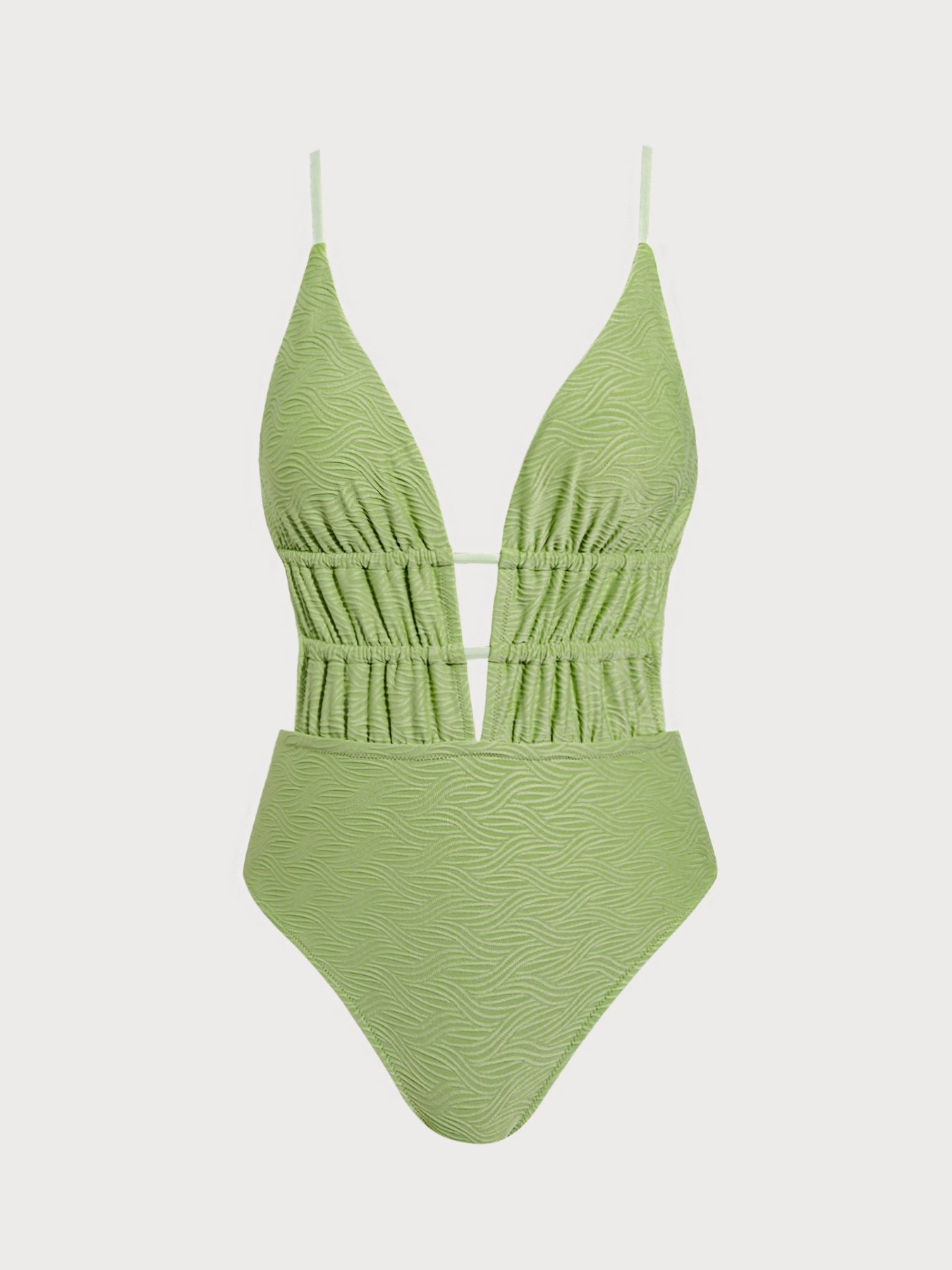 Light Green Textured Plunge One-Piece Swimsuit