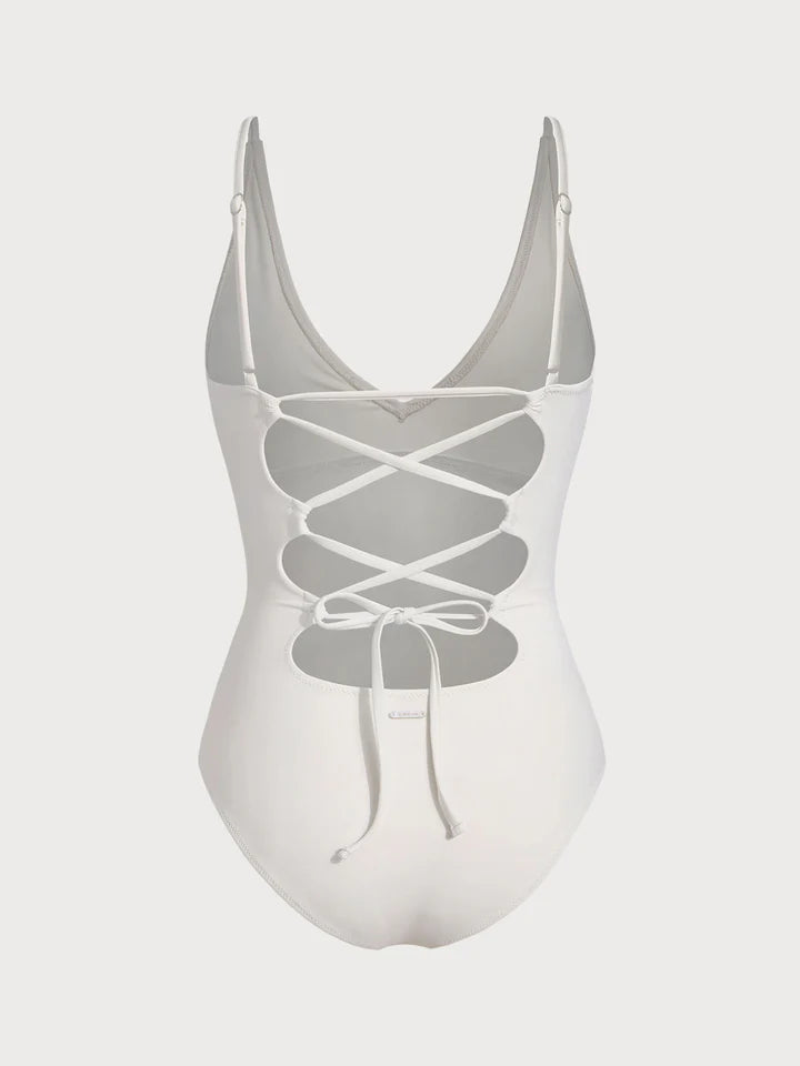 Off White V Neck Tummy Control One-Piece Swimsuit-Available In Long Torso