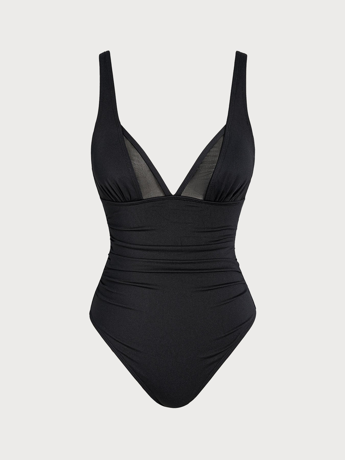 Black Mesh V-Neck Tummy Control One-Piece Swimsuit