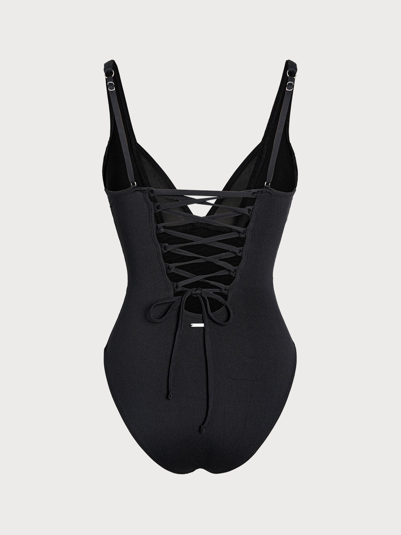 Black Mesh V-Neck Tummy Control One-Piece Swimsuit