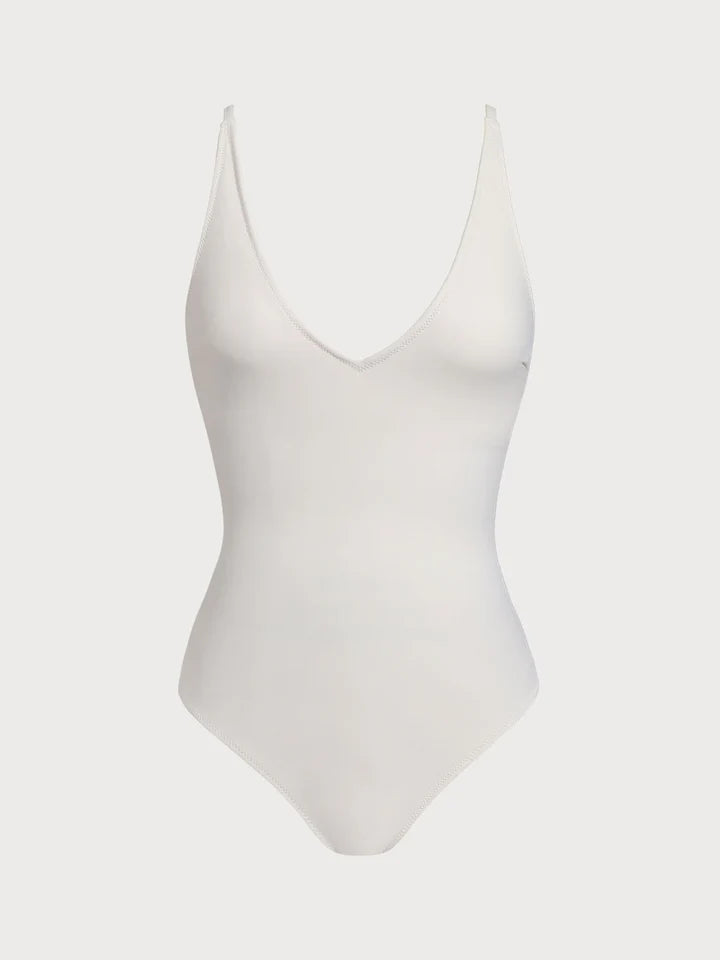 Off White V Neck Tummy Control One-Piece Swimsuit-Available In Long Torso
