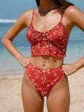 Red Print Ruffled Tankini Top