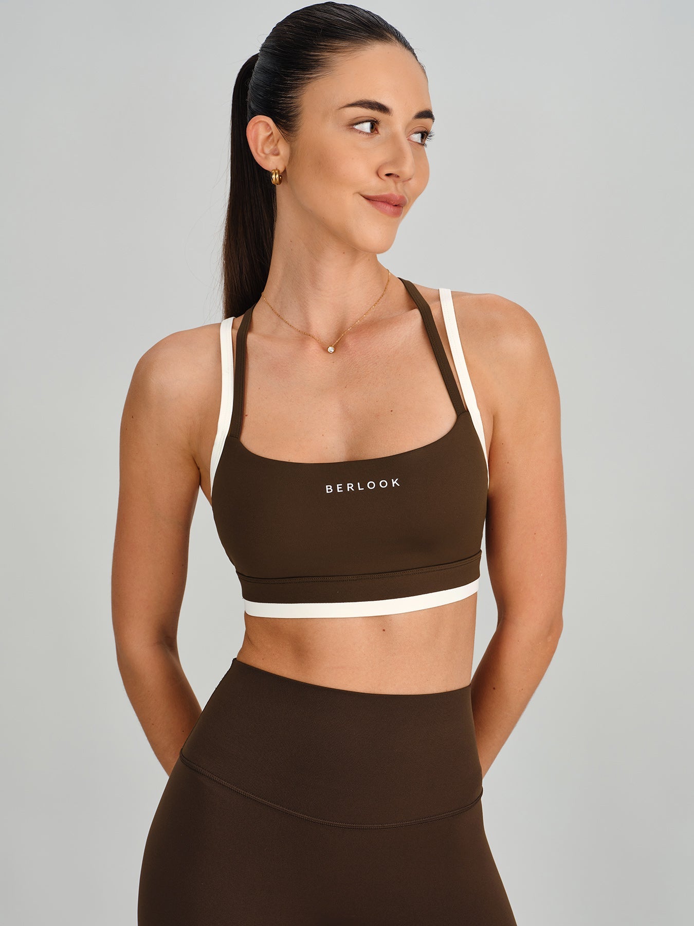 Coffee Contrast Trim Cross back Bra - Medium Support
