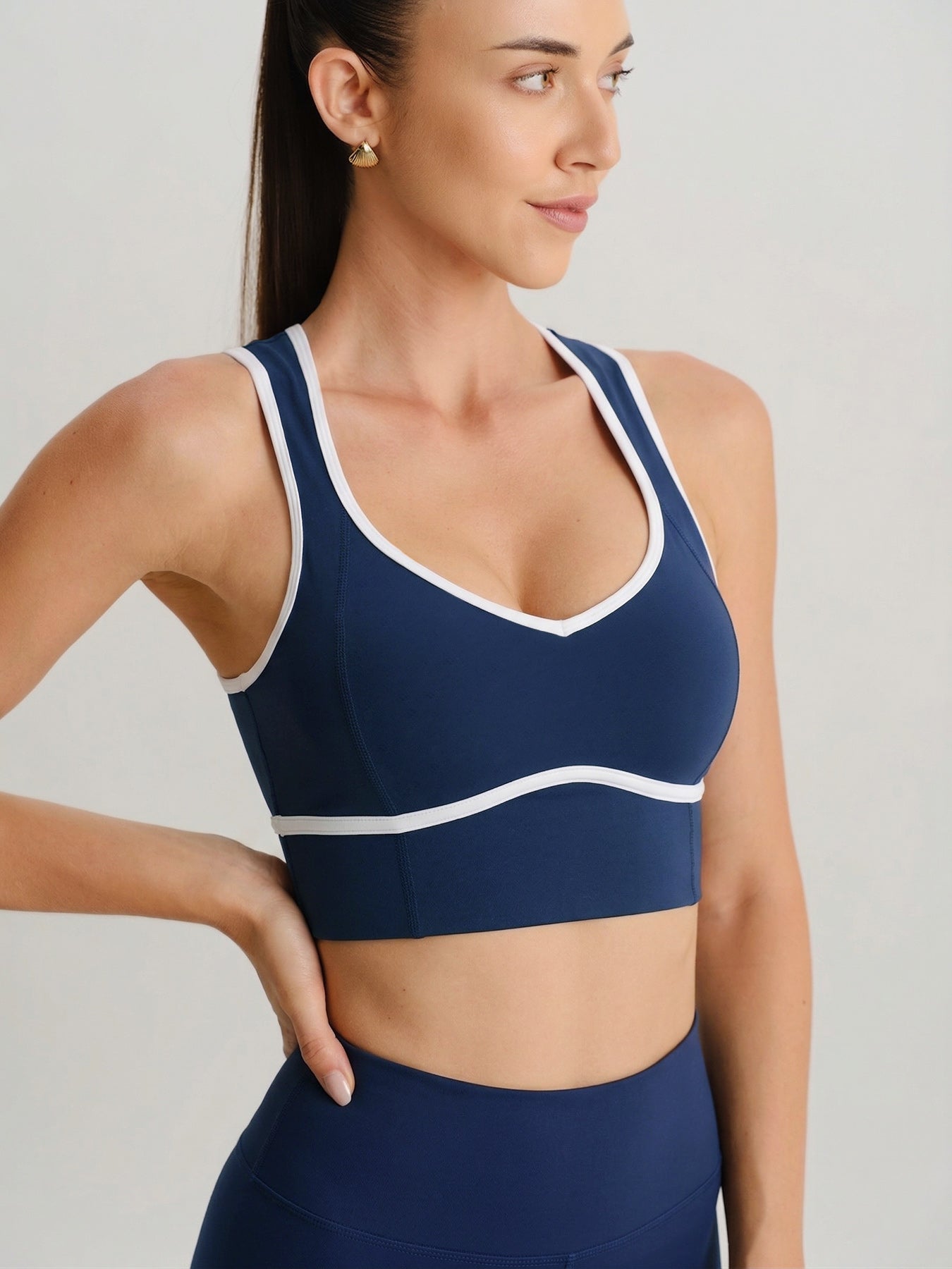 Navy Contrast Trim Open Back Sports Bra