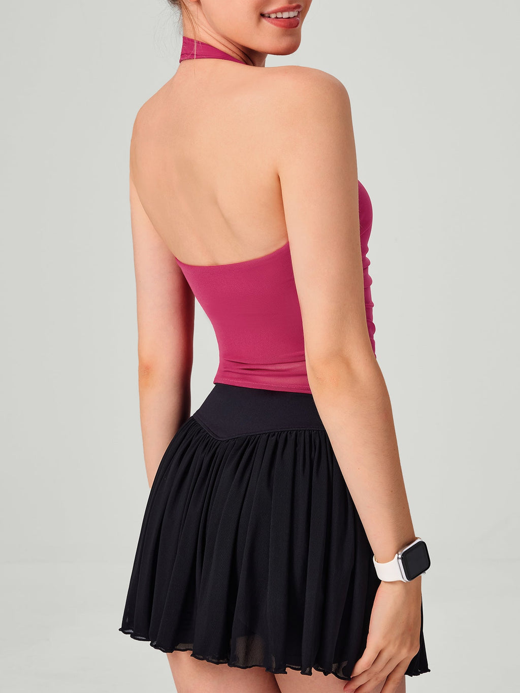 Red Halter Neck Ruched Mesh Crop Top