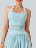 Blue Halter Neck Ruched Mesh Crop Top