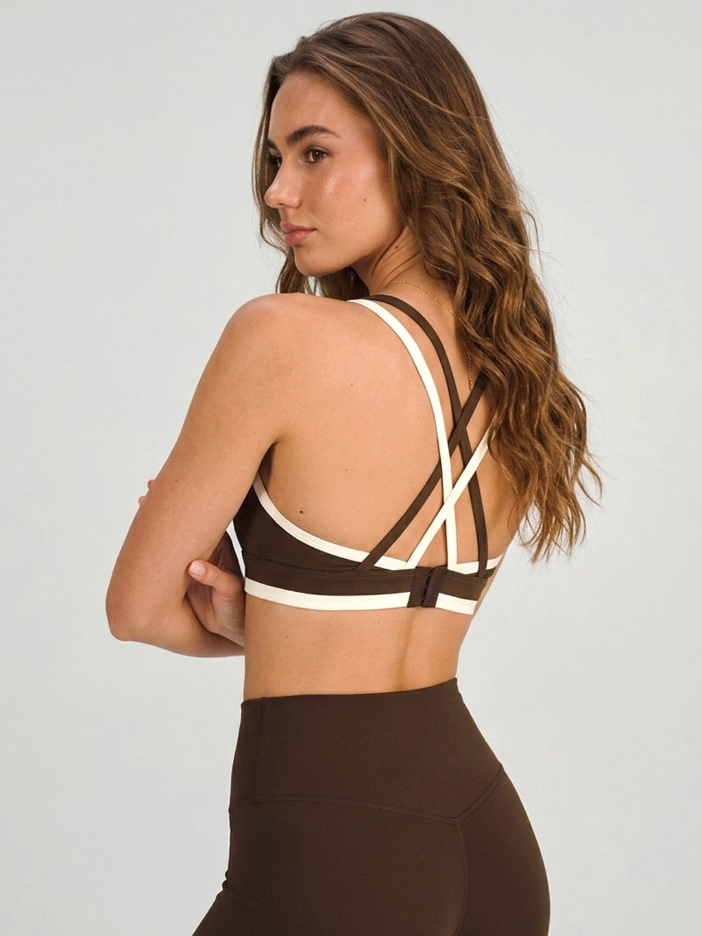Coffee Contrast Trim Cross back Bra - Medium Support
