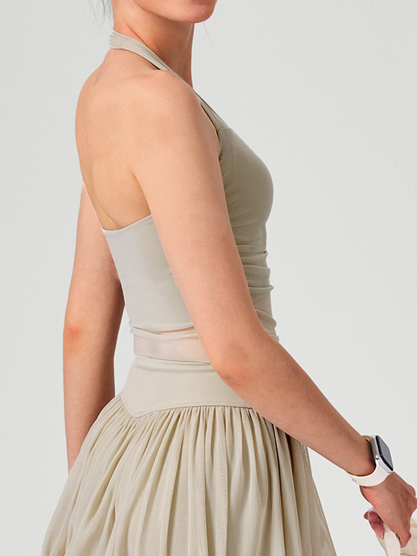 Apricot Halter Neck Ruched Mesh Crop Top